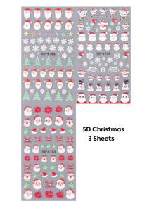 3 件装 5D 浮雕指甲贴纸贴花红色圣诞圣诞老人鹿雪人麋鹿花朵滑块带 5D 纹理粘性指甲贴纸节日新年美甲美甲设计 - 彩色 - 查看 5