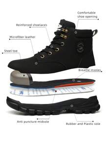 Sapatos masculinos de cano alto com biqueira de aço, tamanho grande, calçados esportivos confortáveis - Preto - Ver 8