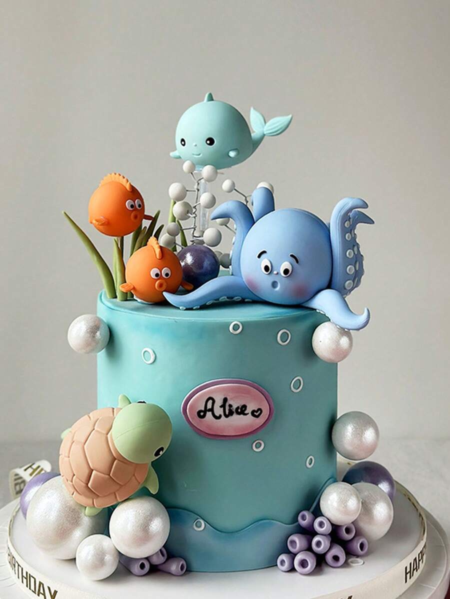 Ozean-Themen Tortenaufsatz, Oktopus, Wal, Bobo-Fisch, Meeresschildkröte, Korallen Kunststoff Ornamente, Ozean-Themen Tortendekoration, geeignet für Geburtstagsfeiern, Taufen, Gender-Reveal-Party Tortendekoration, Tischdekoration, wiederverwendbar