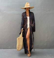 Plus Size Boho Chic Kimono Cover Up - Lightweight & Flowy Tie Dye Beachwear - Stylish Open Front For Women - 深灰色 - 查看 2