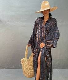 Plus Size Boho Chic Kimono Cover Up - Lightweight & Flowy Tie Dye Beachwear - Stylish Open Front For Women - 深灰色 - 查看 4