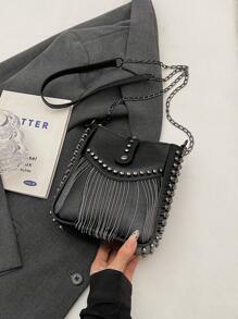 Túi đeo vai tua rua kim loại Punk Street dành cho nữ màu đen, hợp thời trang - màu đen - Xem 7