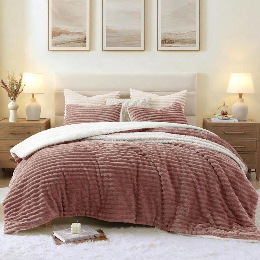 Pillow Sham, Taupe Reversible 3Piece Bed Set For Queen Bed, Plush Warm