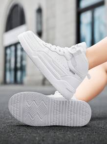 女士经典黑白休闲高帮滑板鞋，系带简约轻便四季通用户外运动徒步运动鞋 - 白色 - 查看 10