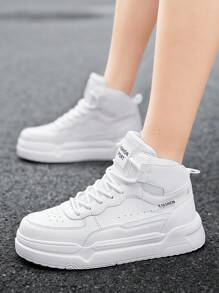 女士经典黑白休闲高帮滑板鞋，系带简约轻便四季通用户外运动徒步运动鞋 - 白色 - 查看 3