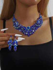 3pcs/Set Fashionable Exaggerated Colored Crystal & Rhinestone Necklace Earrings Bracelet Set, Perfect For Ladies' Wedding & Party Jewelry Gift