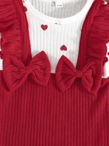 Baby Mädchen niedlicher Jumpsuit mit Schleife und Langarm, Latzhose mit Blumenmuster Romper, inklusive bedrucktem Herz Stirnband