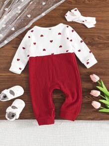 Baby Mädchen niedlicher Jumpsuit mit Schleife und Langarm, Latzhose mit Blumenmuster Romper, inklusive bedrucktem Herz Stirnband