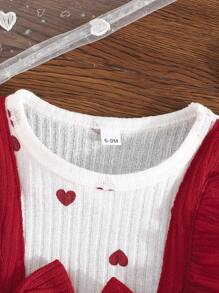 Baby Mädchen niedlicher Jumpsuit mit Schleife und Langarm, Latzhose mit Blumenmuster Romper, inklusive bedrucktem Herz Stirnband