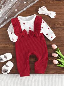 Baby Mädchen niedlicher Jumpsuit mit Schleife und Langarm, Latzhose mit Blumenmuster Romper, inklusive bedrucktem Herz Stirnband