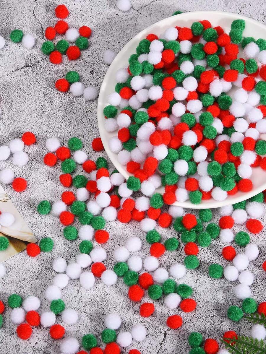 100 piezas de pompones navideños, bolas de pompones rojas, verdes y blancas para manualidades navideñas DIY, decoraciones creativas - Multicolor - Ver 1