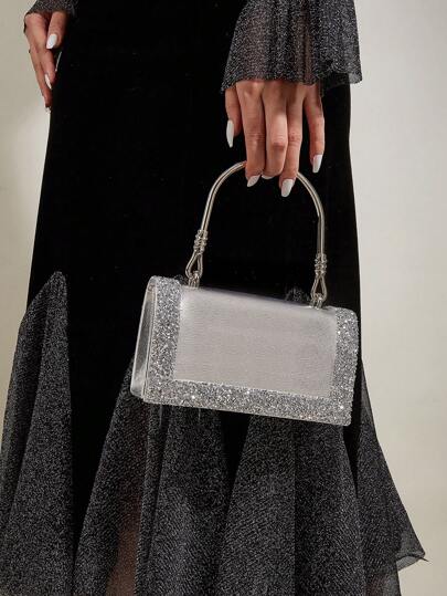 PU 皮革水钻装饰小手提包，非常适合派对活动，包括放置手机、口红的空间，适合晚礼服，与新年服装完美搭配，与女士派对礼服完美搭配