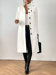 Single-Breasted Casual Stand Collar Woolen Coat - White - View 3