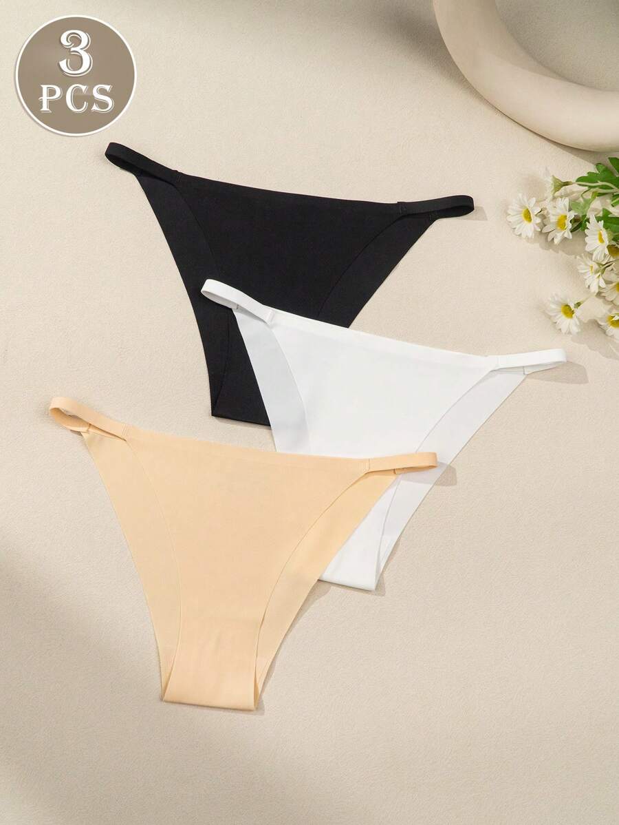 3 Packs Breathable No Show Triangle Panties Set, Mid Waist Solid Color Seamless Briefs, Underwear & Lingerie - Multicolor - View 1