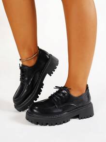 Black Lace-Up Platform Mary Jane Shoes, Chunky Heels, Round Toe, British Style, New Spring 2024, JK/Lolita Fashion