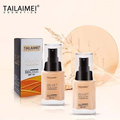 Base de maquillaje liquida de larga duracion y alta cobertura 24 H en 3 tonos diferentes: Beige, Fair y Nature a prueba de agua y con apariencia aterciopelada.