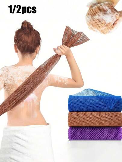 1/2 Pcs African Mesh Exfoliating Back Long Net Bath Scrub Towel Set, Double-Sided For Gentle, Rough Exfoliation, Effective Body Scrub, Back Scrubber For Shower Use, Premium Mesh Material, Convenient Strap Towel Design, Loofah Towel, Body Sponge For Smooth Skin, Great For Daily Use(Blue, Purple) Home Bathroom Decor Fall Decor Back To School