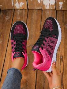 Giày Thể Thao Nữ Lưới Nhẹ Buộc Dây Phía Trước Đường Chạy Bộ - Màu Hồng Tươi - Xem 3