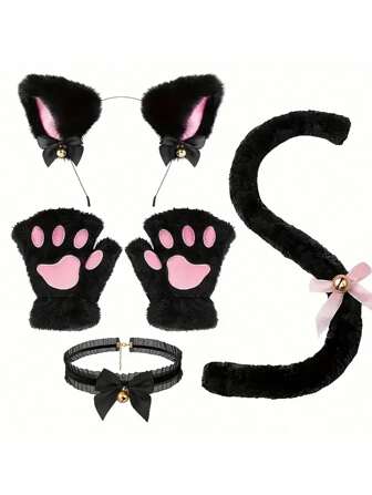 5pcs Halloween Cosplay Accessory Set, Fluffy Cat Ear Headband, Gloves, Tail And Bell Choker, Party Costume Decoration