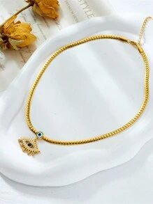 1 件时尚奢华复古水钻眼形吊坠不锈钢项链，设计简约百搭，适合日常佩戴和作为礼物 - 金黃色 - 查看 6