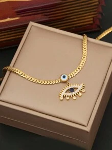 1 件时尚奢华复古水钻眼形吊坠不锈钢项链，设计简约百搭，适合日常佩戴和作为礼物 - 金黃色 - 查看 1