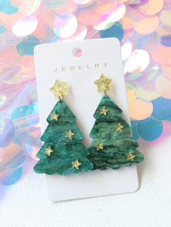 1 par de pendientes colgantes de árbol de Navidad y estrella de acrílico, regalo de fiesta navideña lindo y de moda