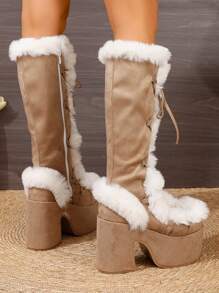 2025秋冬季女士过膝Y2K朋克风棕色毛绒靴，厚底高跟女靴