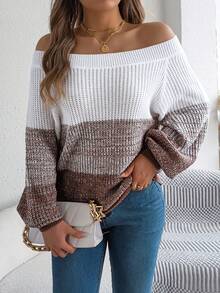 Women's Off Shoulder Breton Sweater Color Pop Knit Top Long Sleeve Round Neck Cabin Core Fall Winter - Coffee Brown - View 5