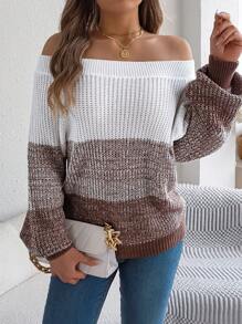 Women's Off Shoulder Breton Sweater Color Pop Knit Top Long Sleeve Round Neck Cabin Core Fall Winter - Coffee Brown - View 4
