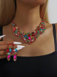 3pcs/Set Fashionable Exaggerated Colored Crystal & Rhinestone Necklace Earrings Bracelet Set, Perfect For Ladies' Wedding & Party Jewelry Gift