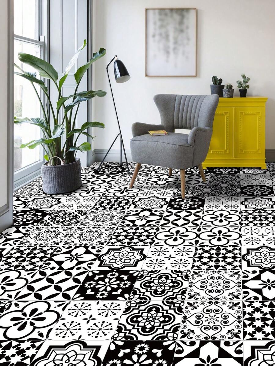 1 套 9 件几何简约印花自粘地板贴纸,北欧风格地板贴花。易于剥离和粘贴的乙烯基贴纸,厚实。适用于装饰客厅、厨房、浴室和卧室。(三种尺寸可供选择:5.9 英寸 / 7.87 英寸 / 11.81 英寸) - 彩色 - 查看 1