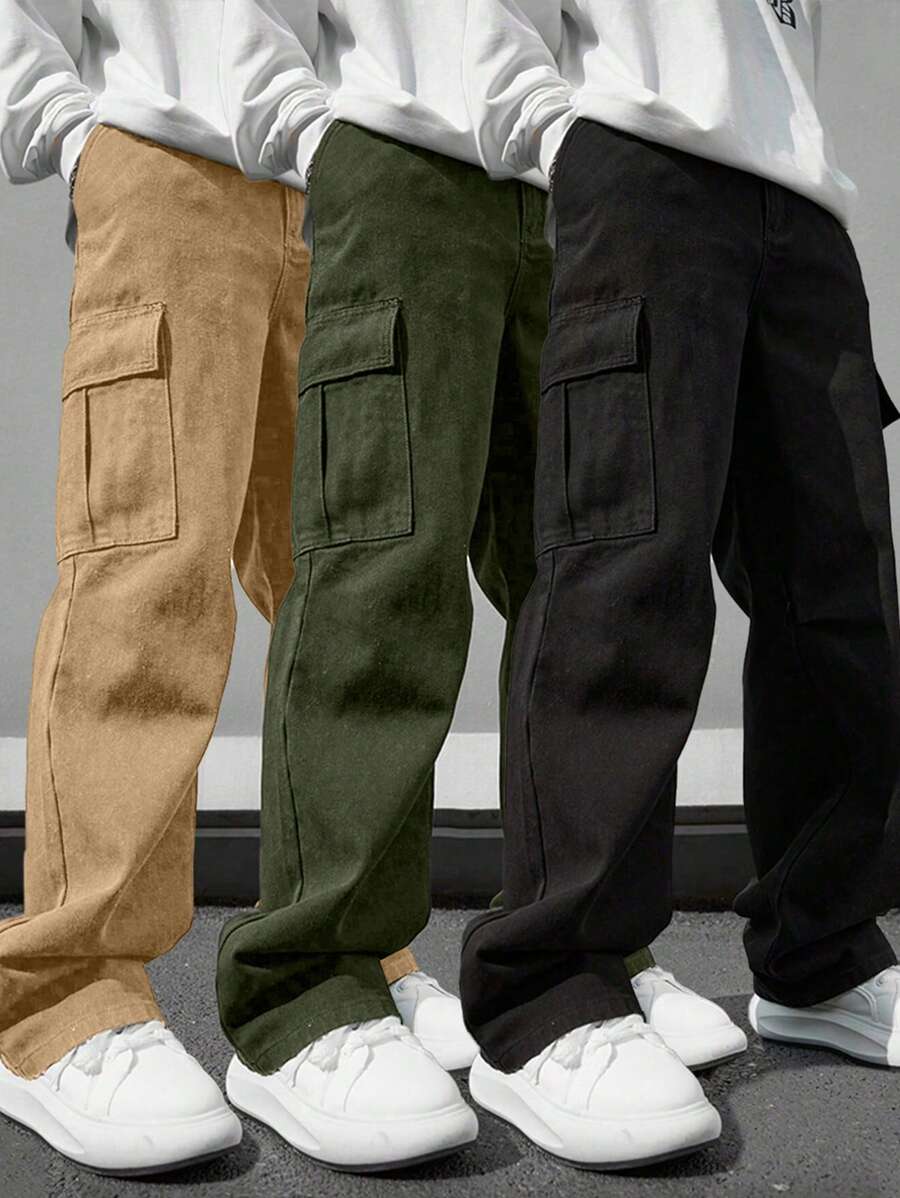 3pcs Tween Boy Casual Solid Color Simple Wide Leg Cargo Pants With Large Pockets, Suitable For Sports And Outdoor, Autumn/Winter