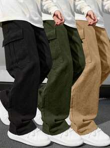 3pcs Tween Boy Casual Solid Color Simple Wide Leg Cargo Pants With Large Pockets, Suitable For Sports And Outdoor, Autumn/Winter