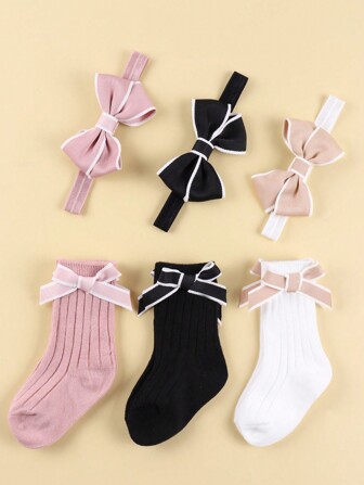 Set de 9 piezas de accesorios para el cabello de bebé - 3 diademas con moño + 6 pares de calcetines, cómodos para uso diario, ideal para el Día de San Valentín