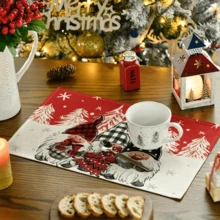 4 件装红松树球圣诞快乐餐垫 2 件套，12x18 英寸冬季圣诞节桌垫适用于派对厨房餐厅装饰 - 紅色 - 查看 4