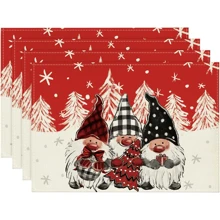 4 件装红松树球圣诞快乐餐垫 2 件套，12x18 英寸冬季圣诞节桌垫适用于派对厨房餐厅装饰 - 紅色 - 查看 1