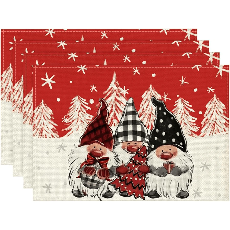 4 件装红松树球圣诞快乐餐垫 2 件套，12x18 英寸冬季圣诞节桌垫适用于派对厨房餐厅装饰 - 紅色 - 查看 1