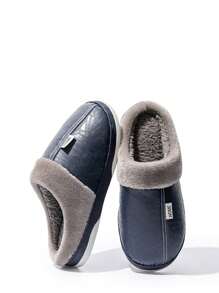 Pantuflas impermeables para hombres, forradas térmicamente de PU, mullidas para interiores, zapatos de estar por casa con suela antideslizante para invierno