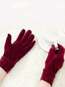 1 Pair Of Women's Burgundy Gold Velvet Gloves, High-End Simple Women's Autumn And Winter Dance Etiquette Cold-Proof And Warm Split-Finger Cycling And Cycling Knitted Gloves, Convenient Outdoor Mountaineering Gloves - Red - View 3