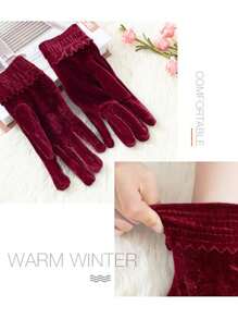 1 Pair Of Women's Burgundy Gold Velvet Gloves, High-End Simple Women's Autumn And Winter Dance Etiquette Cold-Proof And Warm Split-Finger Cycling And Cycling Knitted Gloves, Convenient Outdoor Mountaineering Gloves - Red - View 5