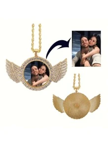 个性化天使翅膀照片项链 - 可定制银色合金吊坠，带有闪亮的水钻装饰，是情人节、圣诞节和特殊场合送给情侣、父母和爱人的独特礼物 - 彩色 - 查看 4