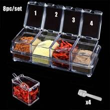 Juego de 8 piezas organizador de especias de acrílico con tapas y cucharas - Tarros de especias, condimentos y almacenamiento de cocina para sal, azúcar y especias de plástico sin plomo, transparente