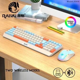 Combo de teclado y mouse inalámbrico de doble modo con retroiluminación, juego de oficina/juegos/deportes electrónicos con bloques de color