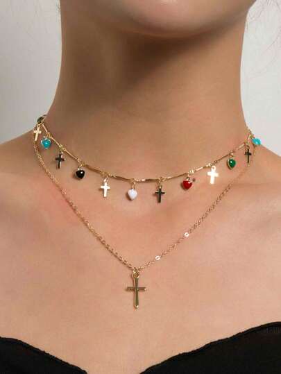 1 Peça Colar Minimalista e Fashion de Pingente de Cruz, Coração de Esmalte Multicolor com Borla, Adequado para Uso Diário de Mulheres e Meninas