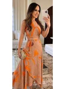 Women's Premium Viscose Set Midi Wrap Skirt With Tie And Cropped Thin Straps With Padded Fashion - 橘色 - 查看 1