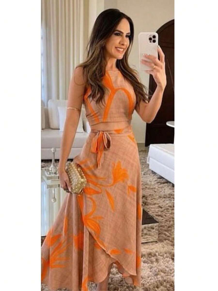 Women's Premium Viscose Set Midi Wrap Skirt With Tie And Cropped Thin Straps With Padded Fashion - 橘色 - 查看 1