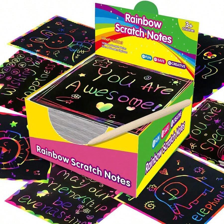 100pcs Rainbow Scratch Colorful Mini Note Pads, Bamboo Pen Scratch Art