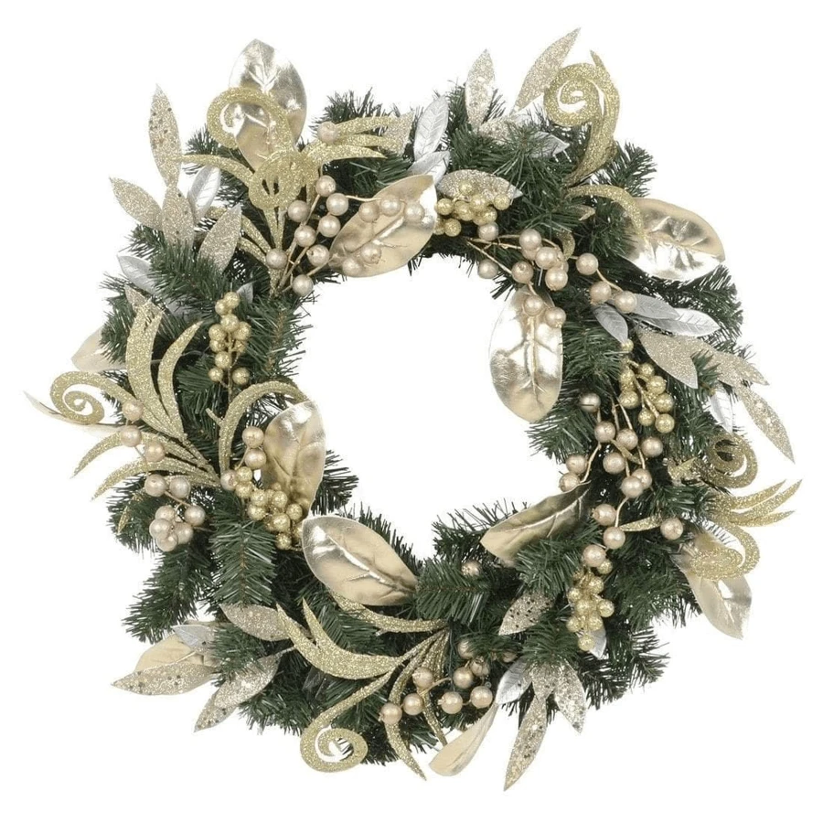 Corona de Navidad de 18 pulgadas con luces LED, corona de Navidad artificial con luces LED, decoración navideña de pared con pilas con flores y bayas doradas para la puerta principal - Verde - Ver 1