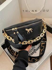 时尚经典复古腰包，鳄鱼压纹 PU 材质，实用，适合所有年龄段，防盗拉链，背包款式，宽肩带，金属独角兽装饰 - 黑色 - 查看 5