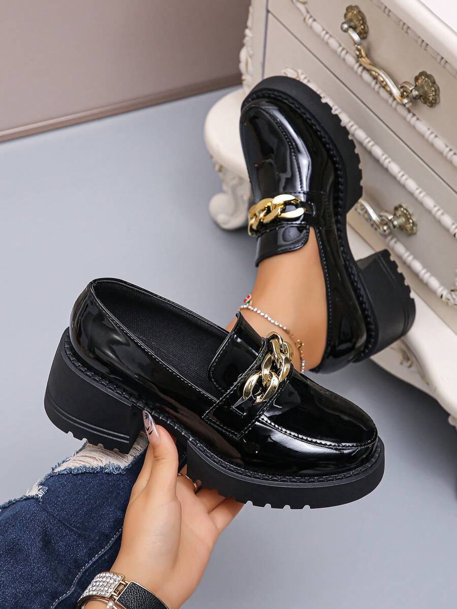 Giày cao gót đế xuồng thời trang mới dành cho nữ, giày lười thoải mái với khóa cài cổ điển bóng bẩy, giày Oxford mũi tròn đế xuồng màu đen trơn, kiểu dáng slip-on ngoài trời. - màu đen - Xem 1